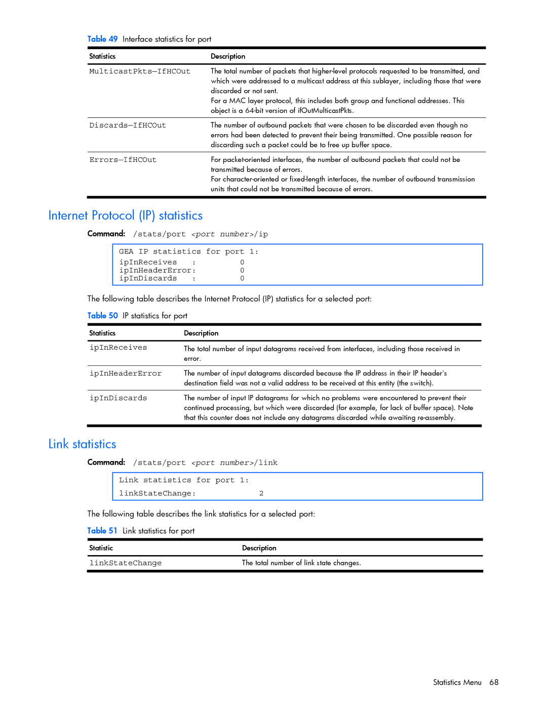 HP GbE2c manual Internet Protocol IP statistics, Link statistics 