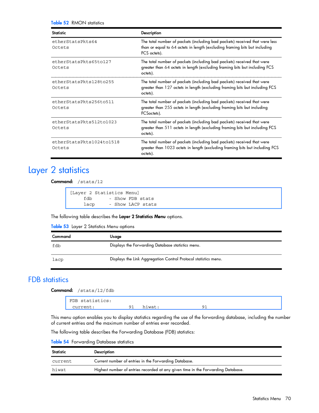 HP GbE2c manual Layer 2 statistics, FDB statistics 