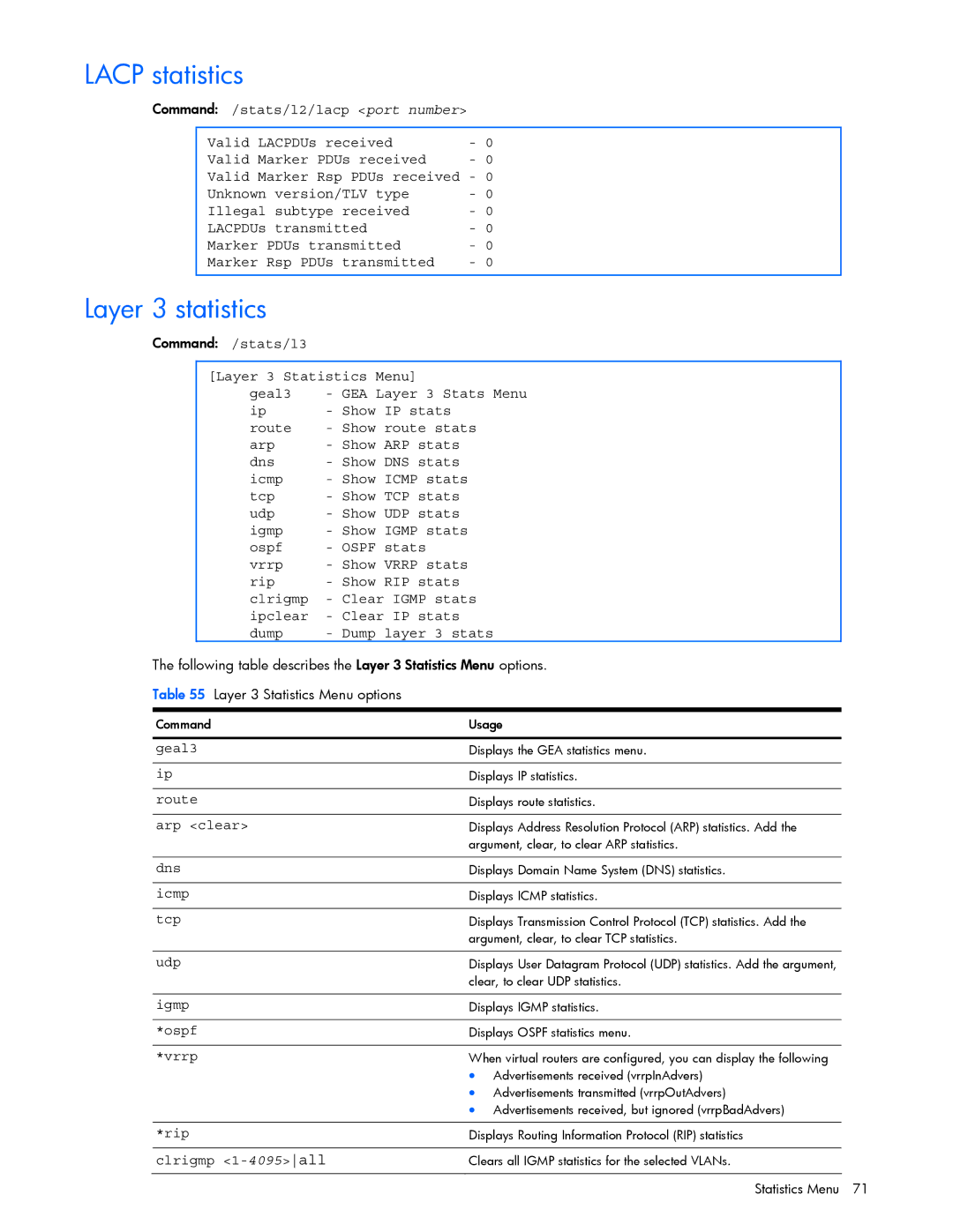 HP GbE2c manual Lacp statistics, Layer 3 statistics, Arp clear, Clrigmp 1- 4095 all 