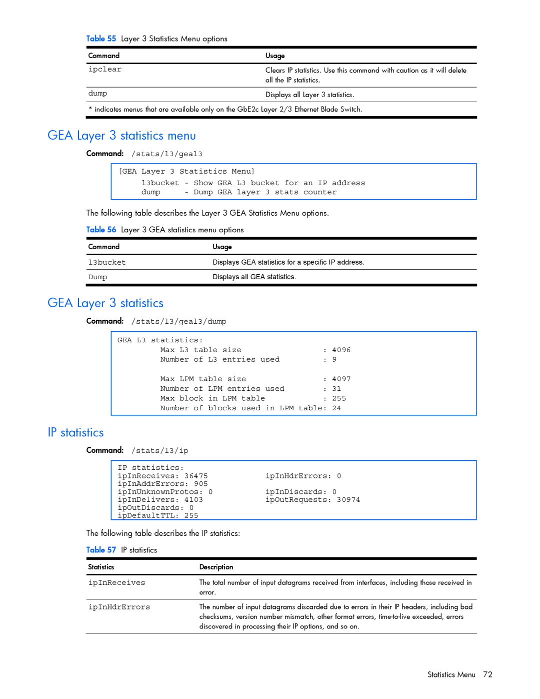 HP GbE2c manual GEA Layer 3 statistics menu, IP statistics, Gea 