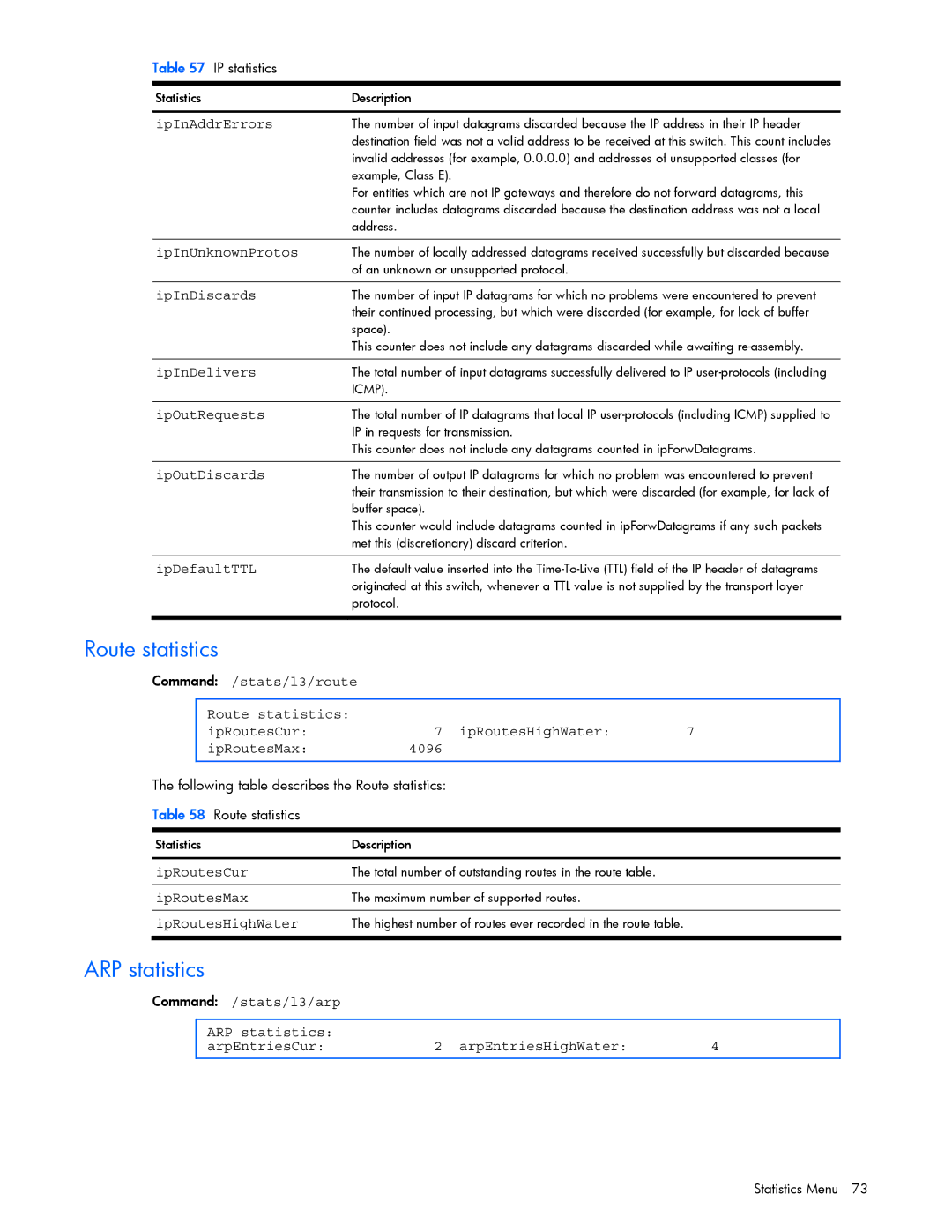 HP GbE2c manual Route statistics, ARP statistics 