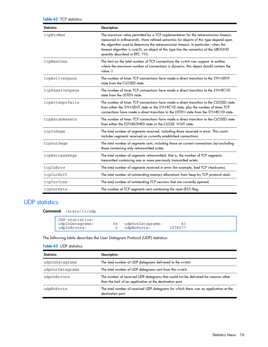 HP GbE2c manual UDP statistics, UdpInDatagrams 