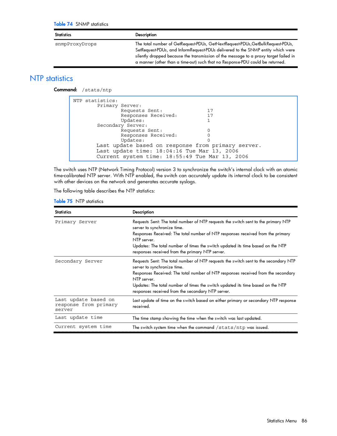 HP GbE2c manual NTP statistics 