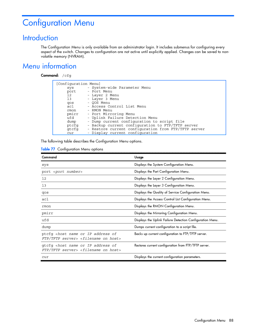 HP GbE2c manual Configuration Menu, Rmon 