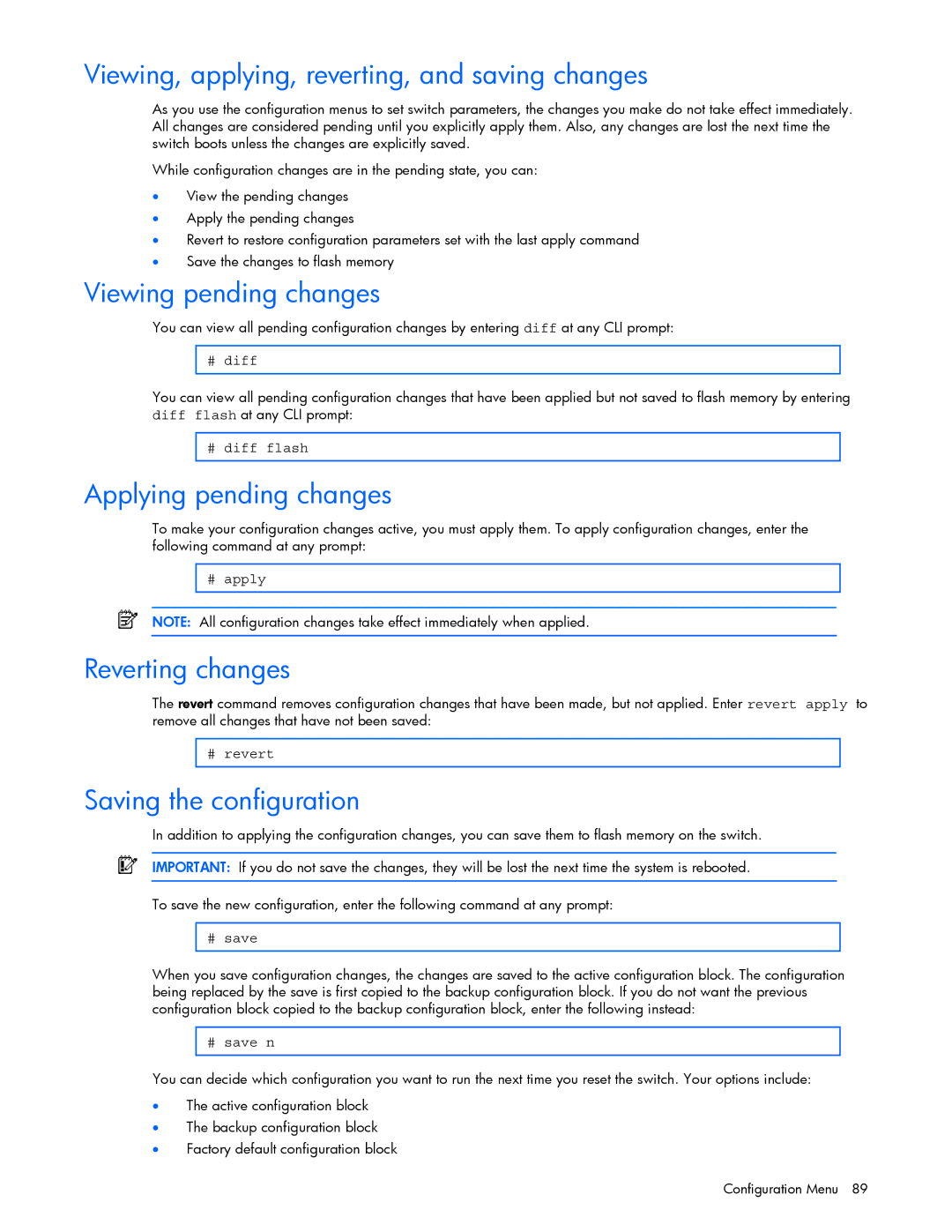 HP GbE2c manual Viewing, applying, reverting, and saving changes, Viewing pending changes, Applying pending changes 