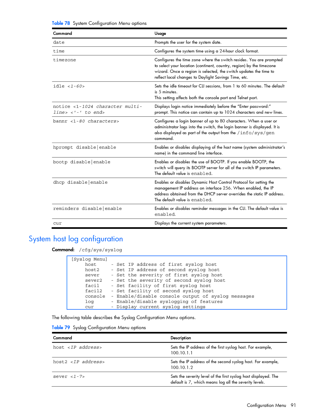 HP GbE2c manual System host log configuration, Line to end, Bannr 1-80 characters, Host IP address, Host2 IP address 