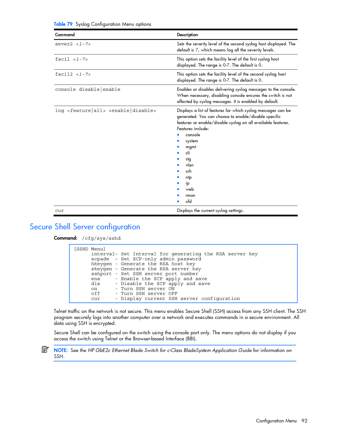 HP GbE2c manual Secure Shell Server configuration, Console disableenable, Log featureall enabledisable 