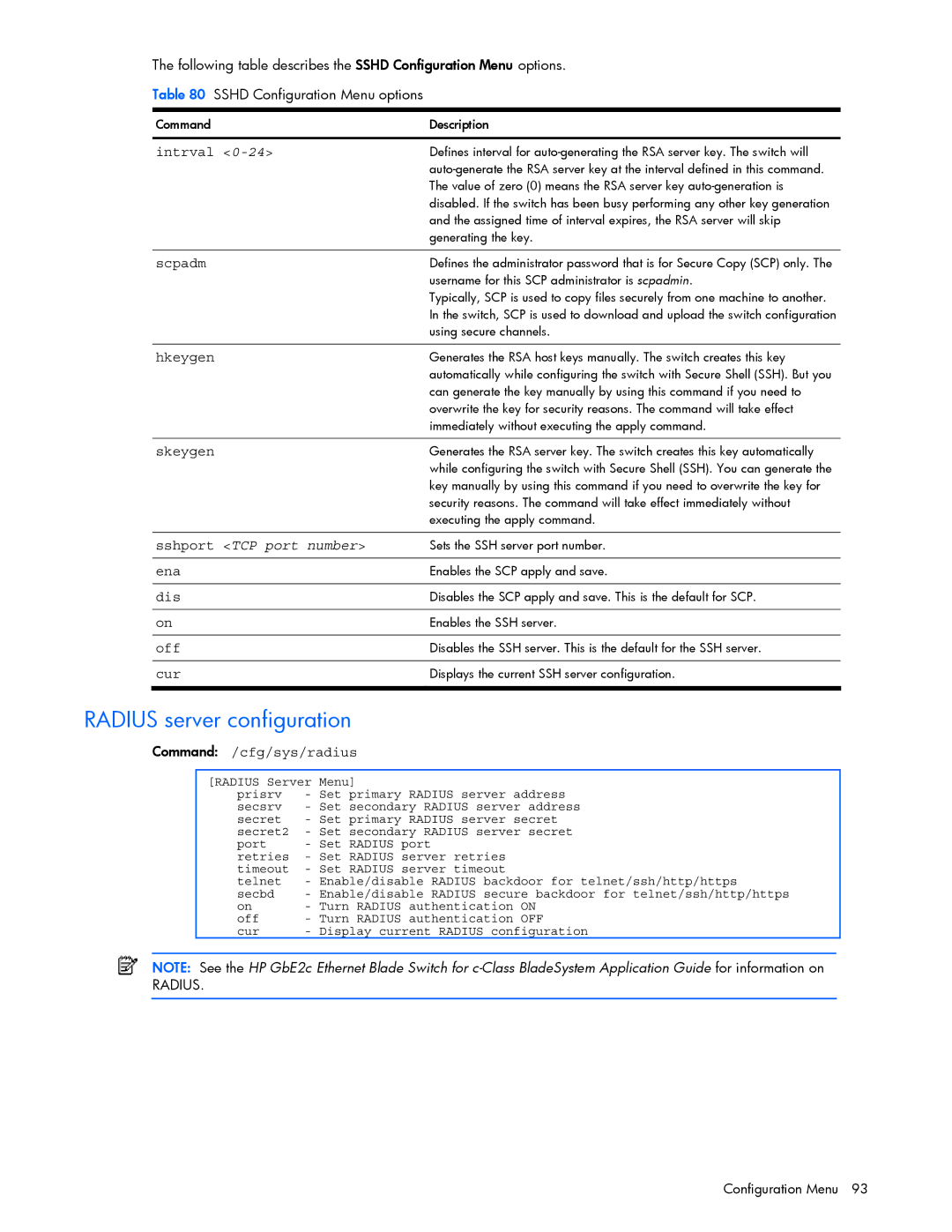 HP GbE2c manual Radius server configuration, Intrval, Sshport TCP port number, Command /cfg/sys/radius 