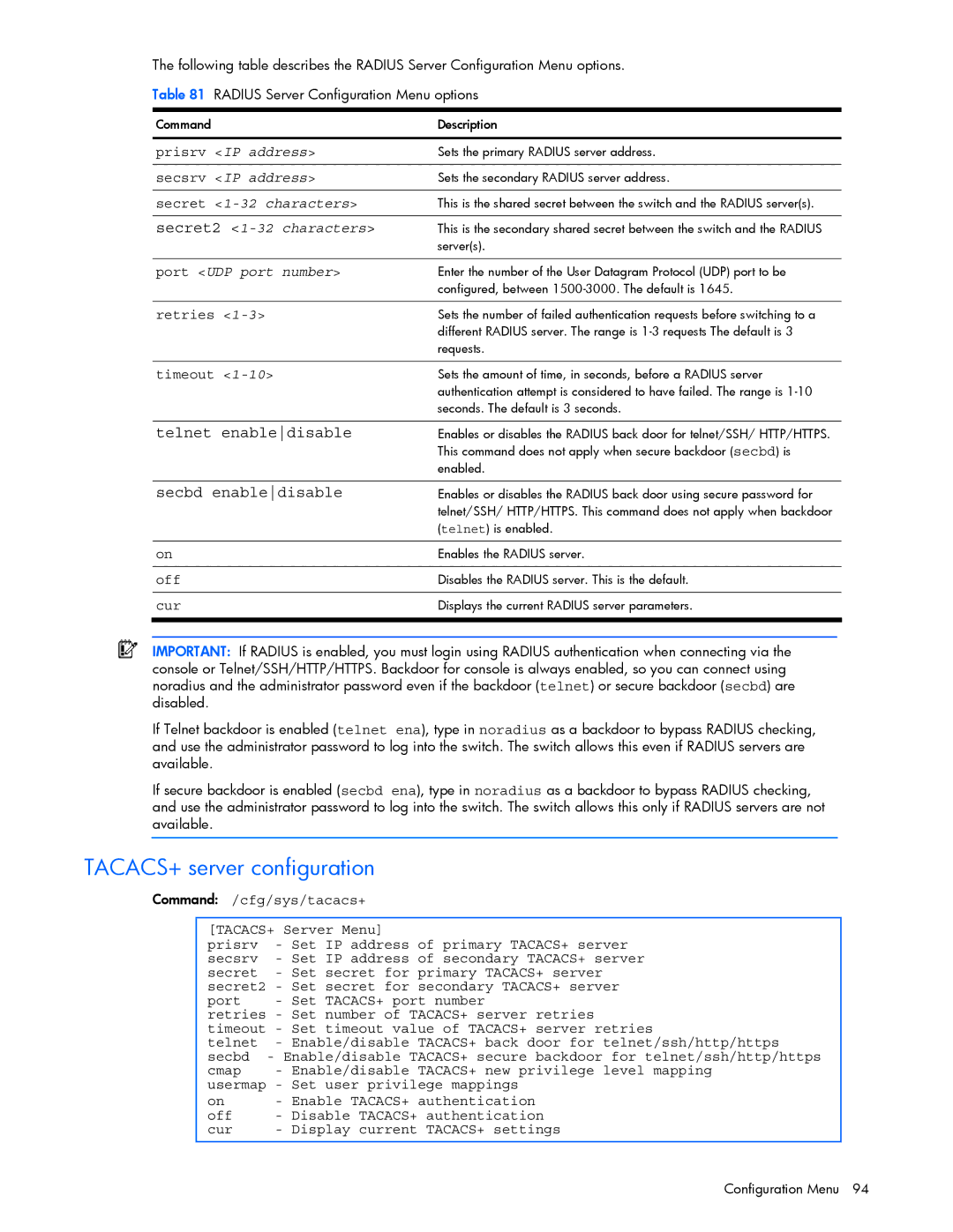 HP GbE2c manual TACACS+ server configuration 