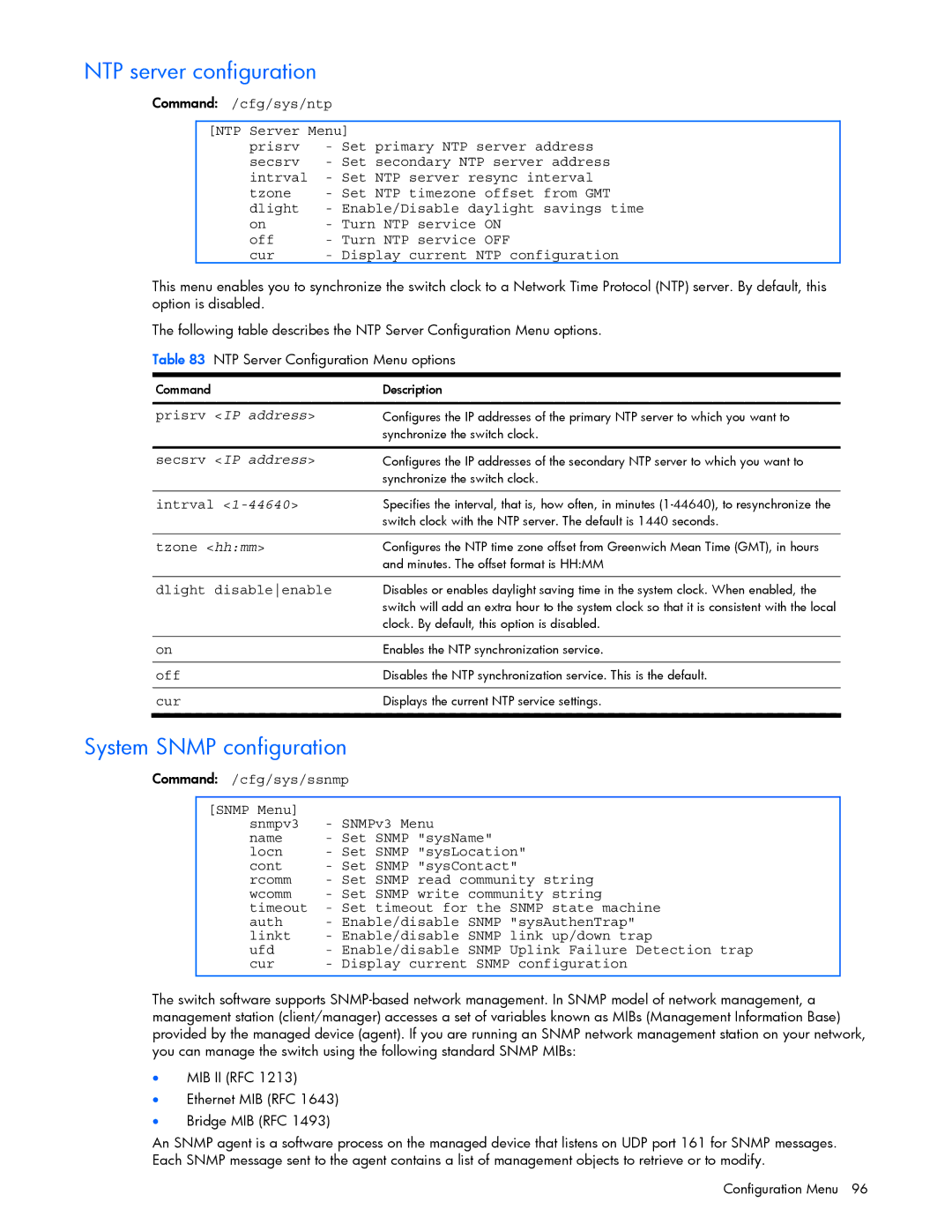 HP GbE2c NTP server configuration, System Snmp configuration, Tzone hhmm, Dlight disableenable, Command /cfg/sys/ssnmp 