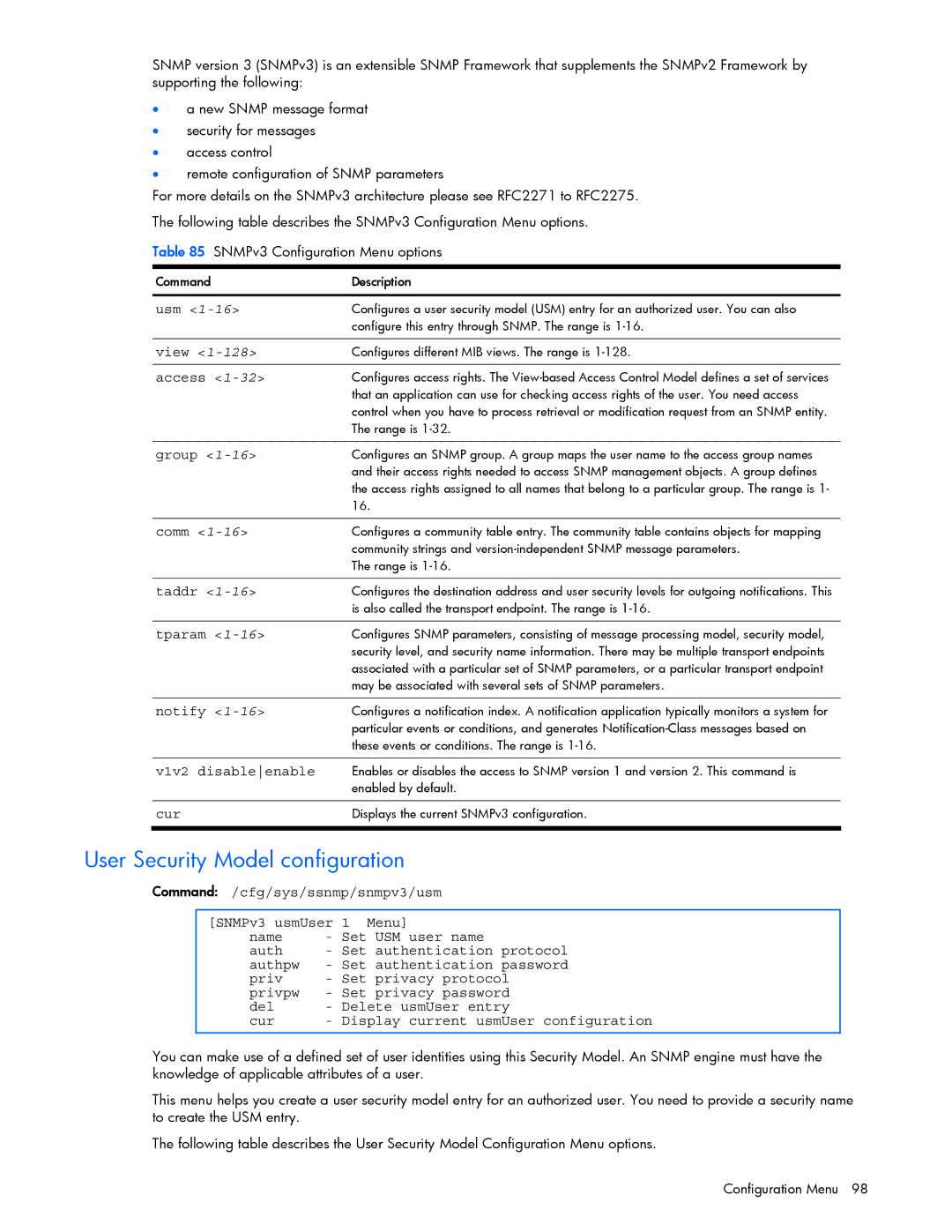 HP GbE2c manual User Security Model configuration, V1v2 disableenable 