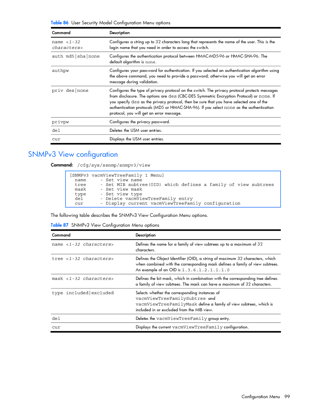 HP GbE2c manual SNMPv3 View configuration, Name 1-32 characters, Tree 1-32 characters, Mask 1-32 characters 