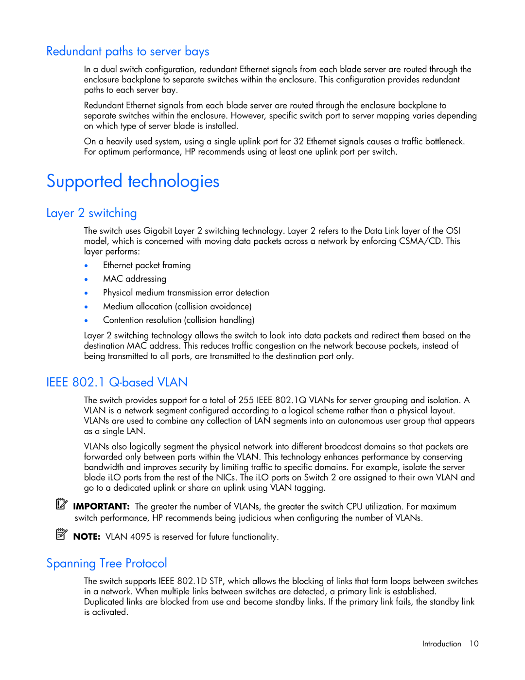 HP GbE2c manual Supported technologies, Redundant paths to server bays, Layer 2 switching, Ieee 802.1 Q-based Vlan 