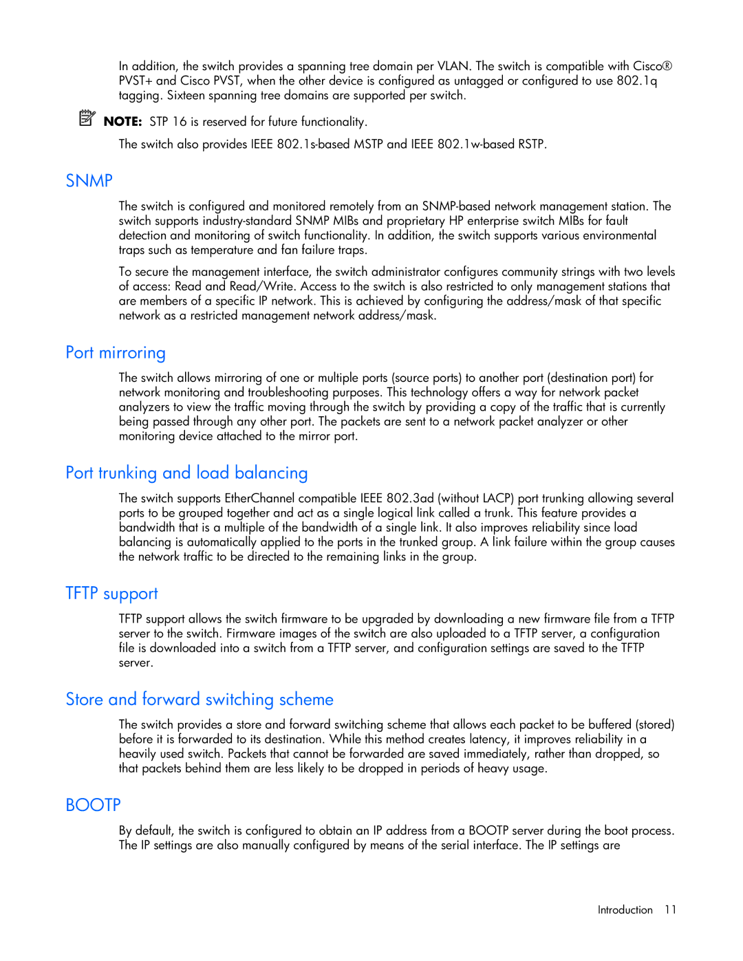 HP GbE2c manual Port mirroring, Port trunking and load balancing, Tftp support, Store and forward switching scheme 