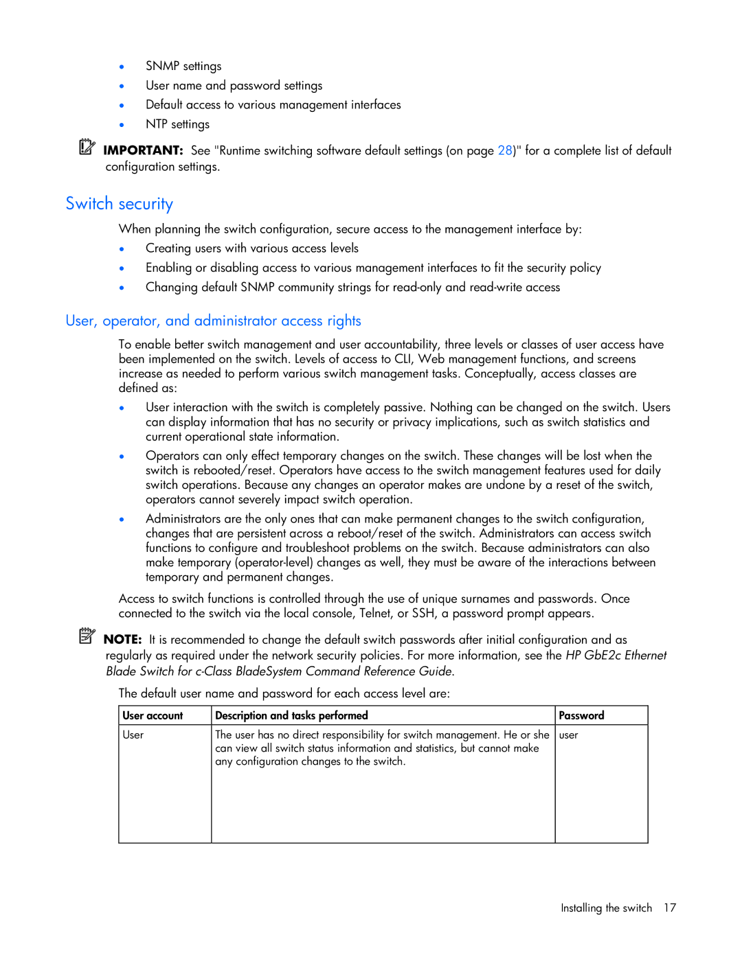 HP GbE2c manual Switch security, User, operator, and administrator access rights 