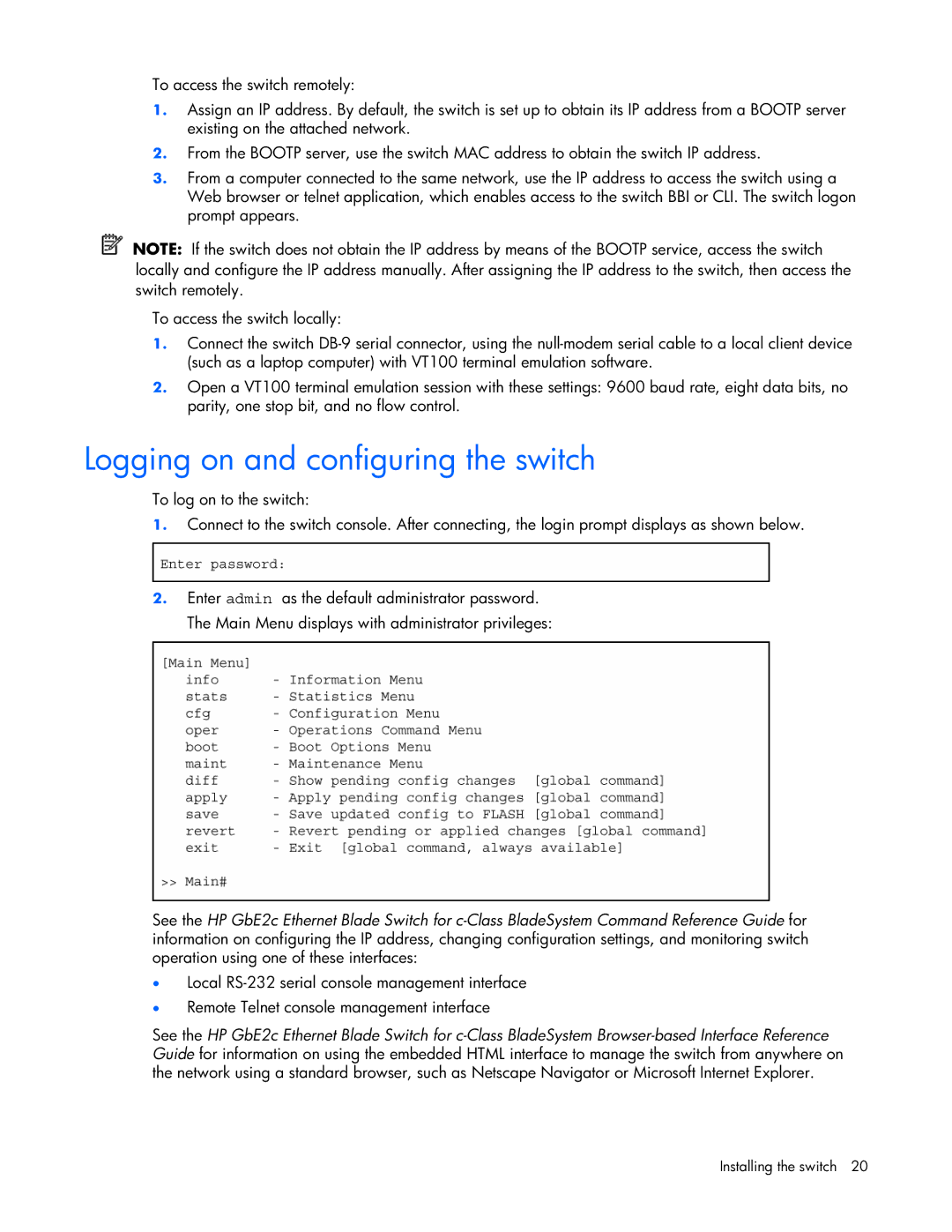 HP GbE2c manual Logging on and configuring the switch 