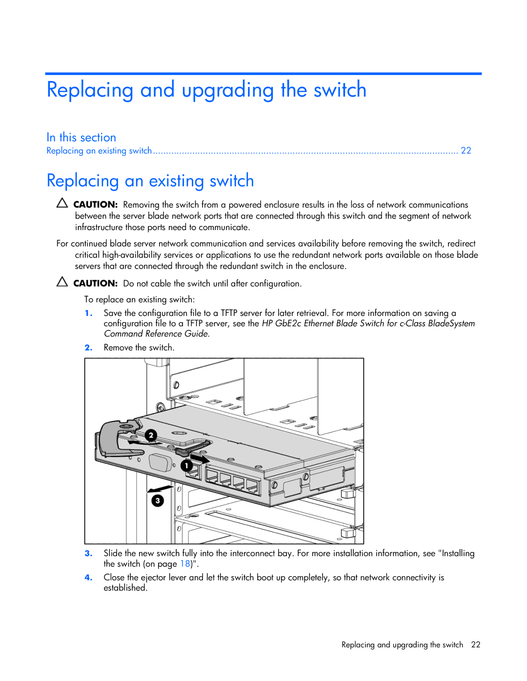 HP GbE2c manual Replacing and upgrading the switch, Replacing an existing switch 