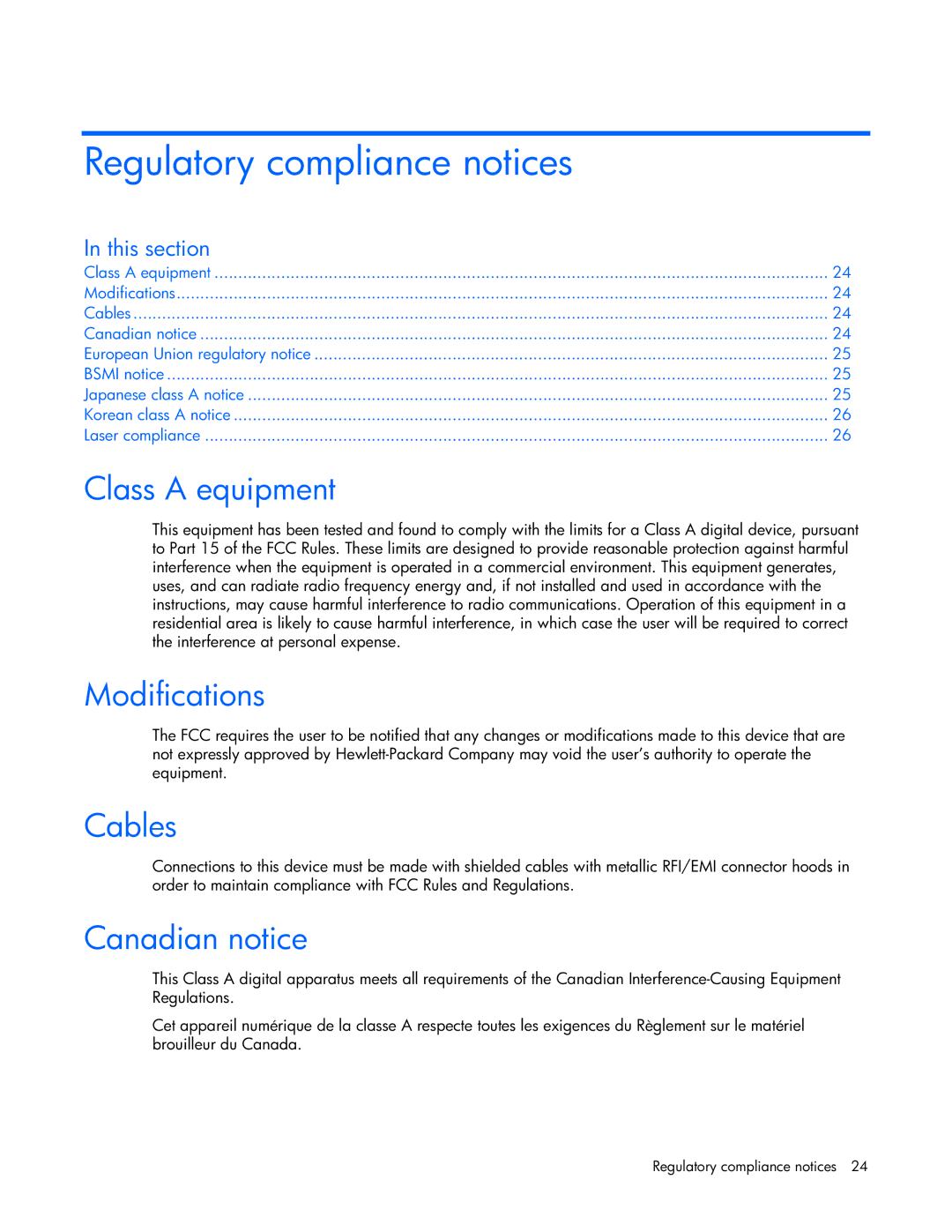 HP GbE2c manual Regulatory compliance notices, Class a equipment, Modifications, Cables, Canadian notice 