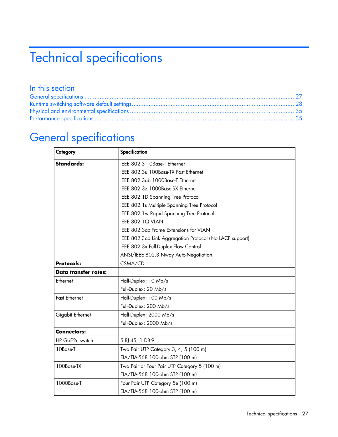 HP GbE2c manual Technical specifications, General specifications 