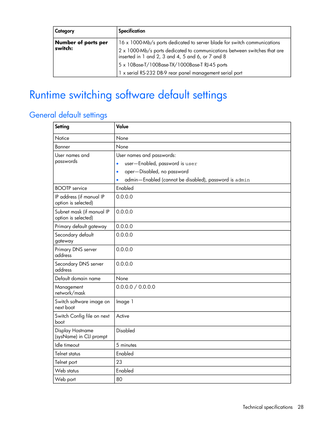 HP GbE2c manual Runtime switching software default settings, General default settings 