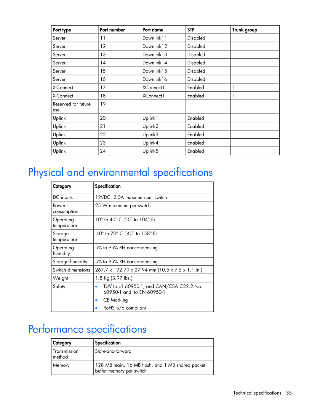 HP GbE2c manual Physical and environmental specifications, Performance specifications 