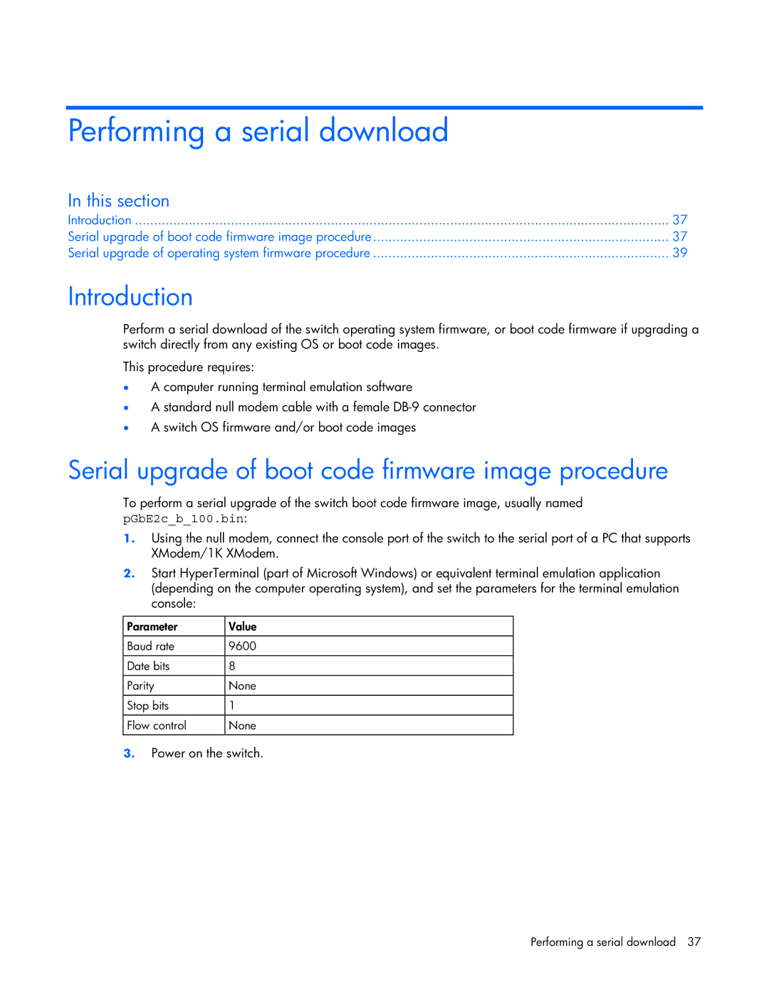 HP GbE2c manual Performing a serial download, Introduction, Serial upgrade of boot code firmware image procedure 