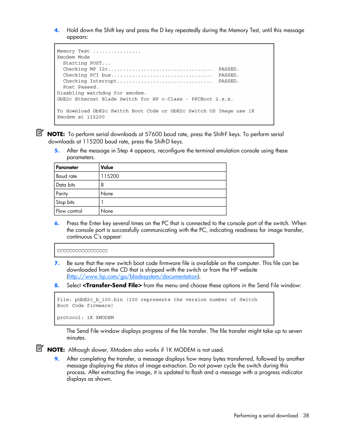 HP GbE2c manual Performing a serial download 