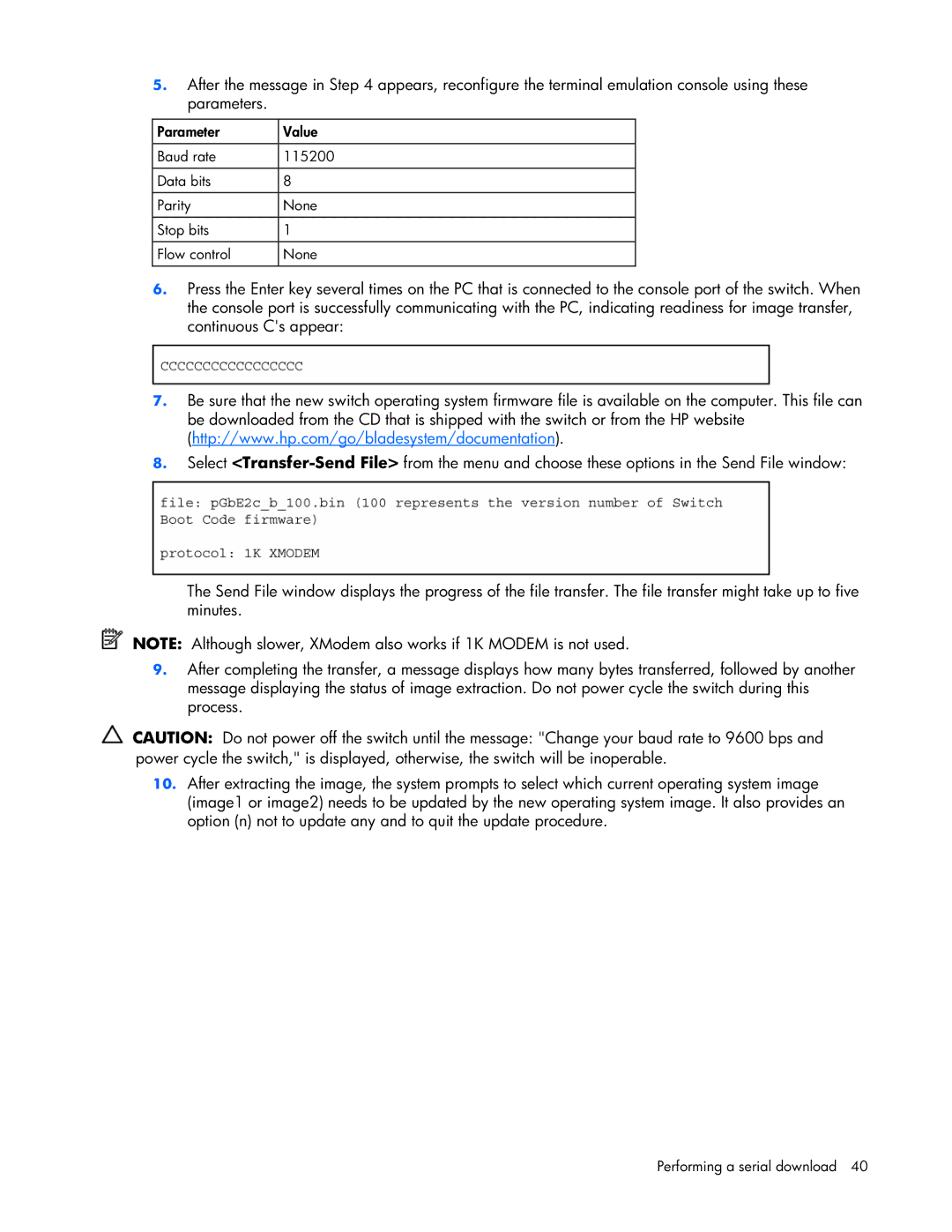 HP GbE2c manual Performing a serial download 