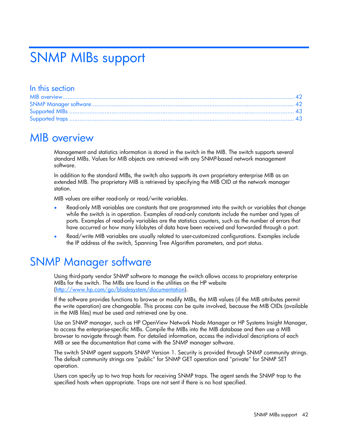 HP GbE2c manual Snmp MIBs support, MIB overview, Snmp Manager software 