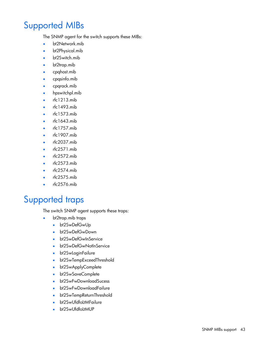 HP GbE2c manual Supported MIBs, Supported traps 