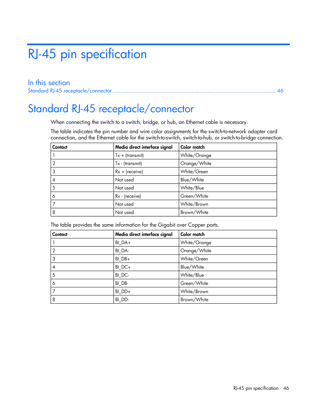 HP GbE2c manual RJ-45 pin specification, Standard RJ-45 receptacle/connector 