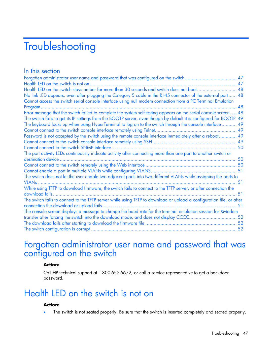 HP GbE2c manual Troubleshooting, Configured on the switch, Health LED on the switch is not on 