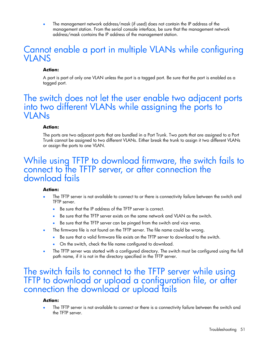 HP GbE2c manual Cannot enable a port in multiple VLANs while configuring, Vlans 