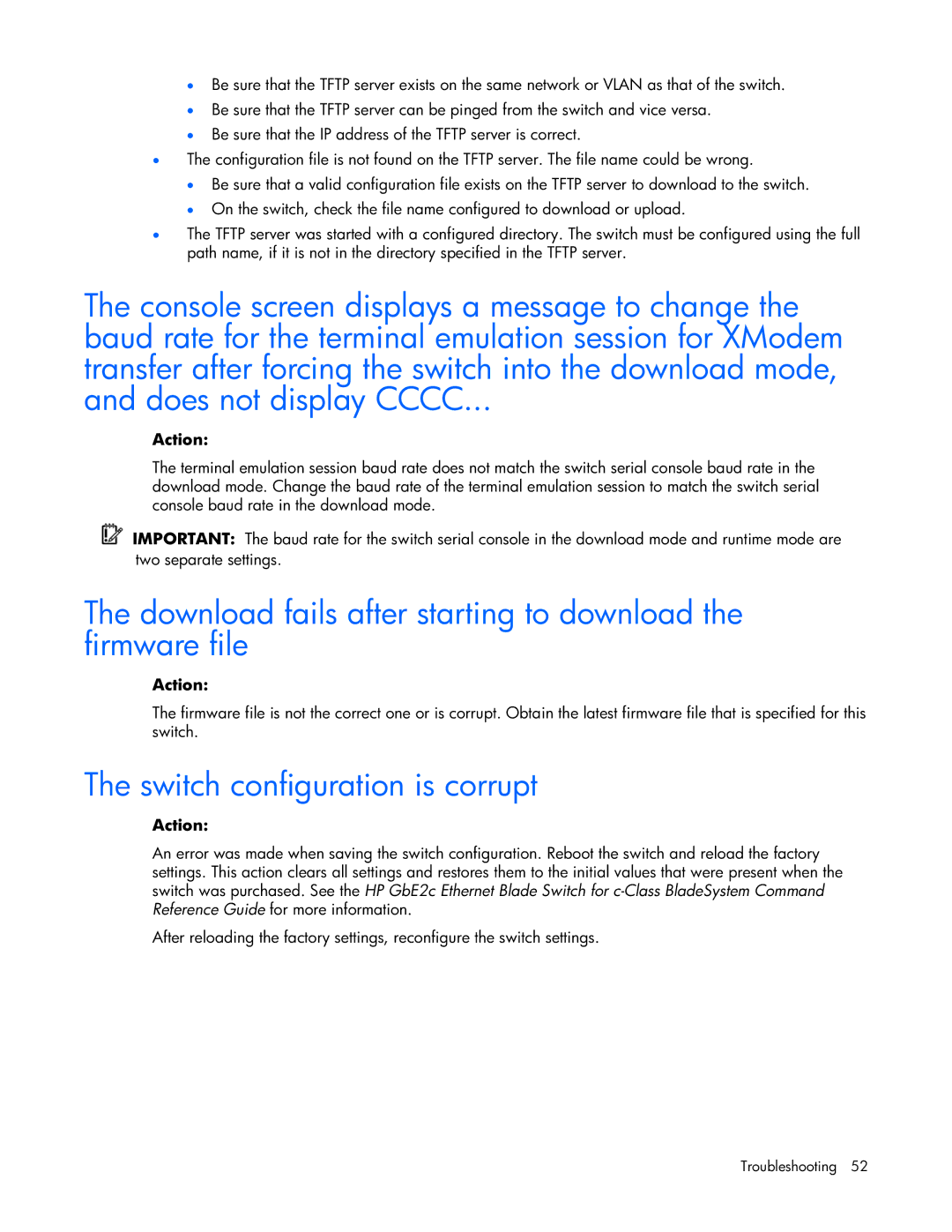 HP GbE2c manual Download fails after starting to download the firmware file, Switch configuration is corrupt 