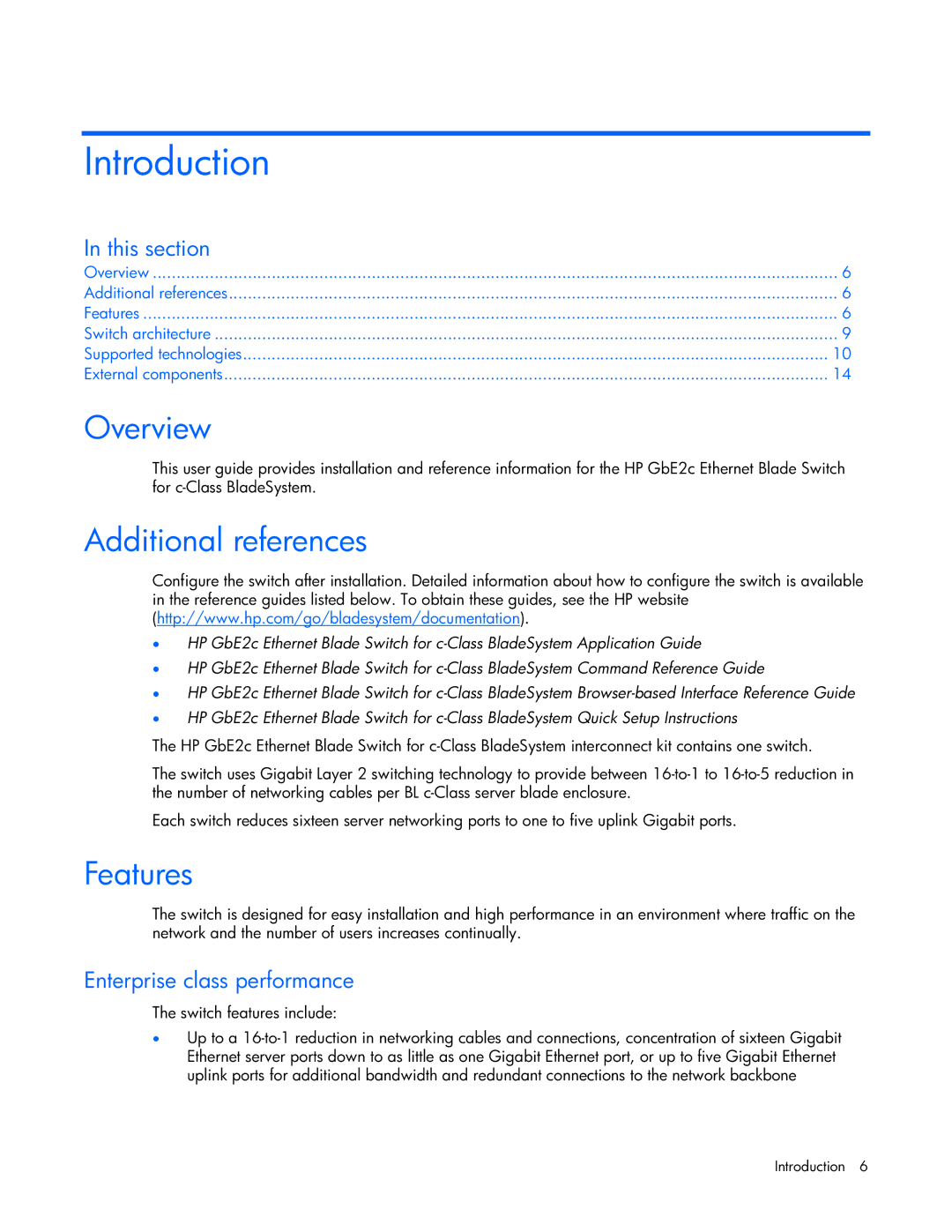 HP GbE2c manual Introduction, Overview, Additional references, Features 