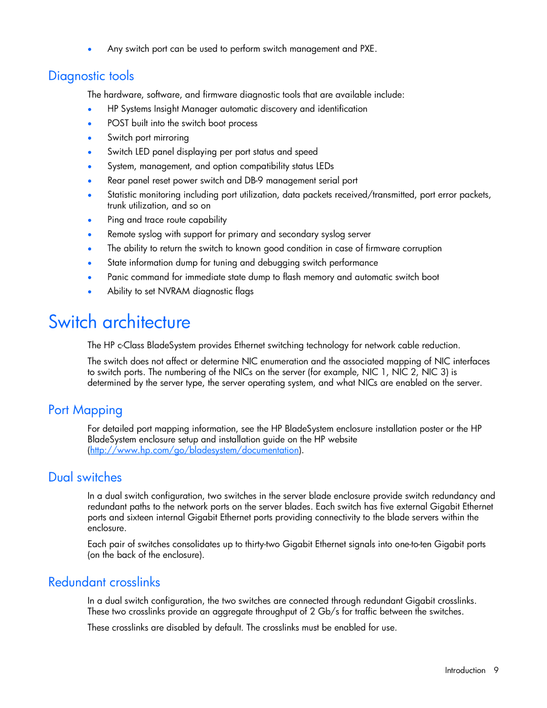 HP GbE2c manual Switch architecture, Diagnostic tools, Port Mapping Dual switches, Redundant crosslinks 