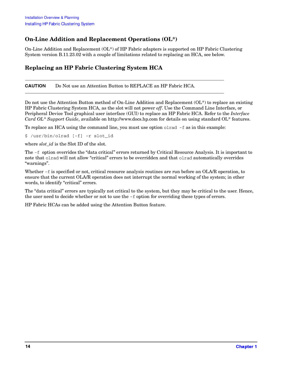 HP General IO Connectivity On-Line Addition and Replacement Operations OL, Replacing an HP Fabric Clustering System HCA 