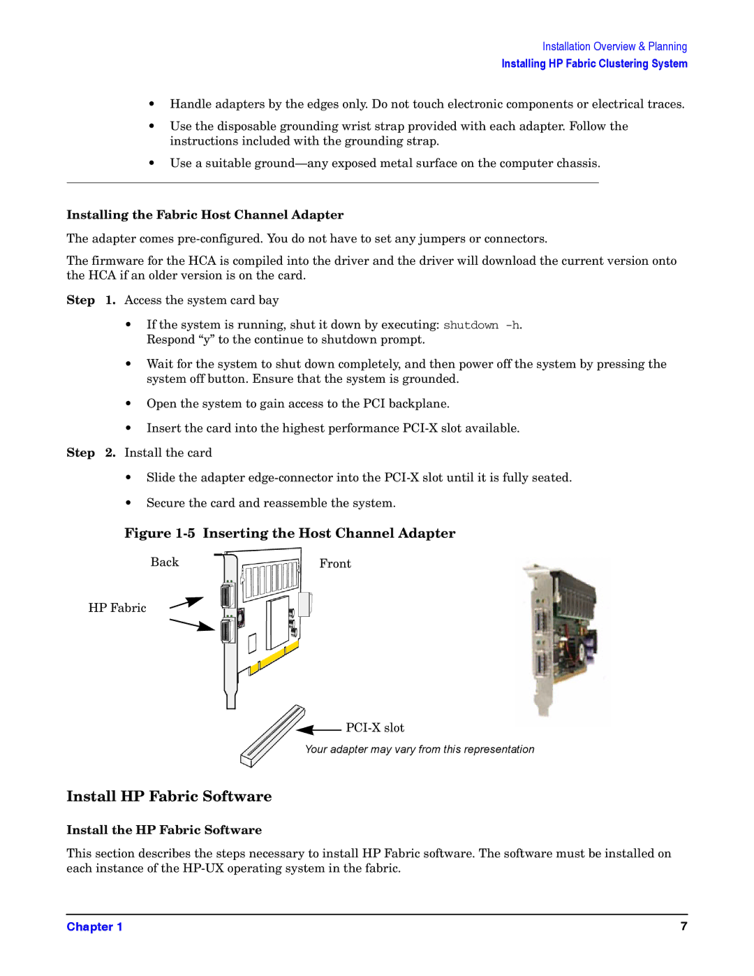 HP General IO Connectivity manual Install HP Fabric Software, Installing the Fabric Host Channel Adapter 