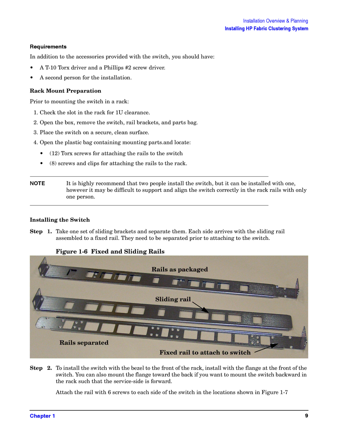 HP General IO Connectivity manual Requirements, Rack Mount Preparation, Installing the Switch 