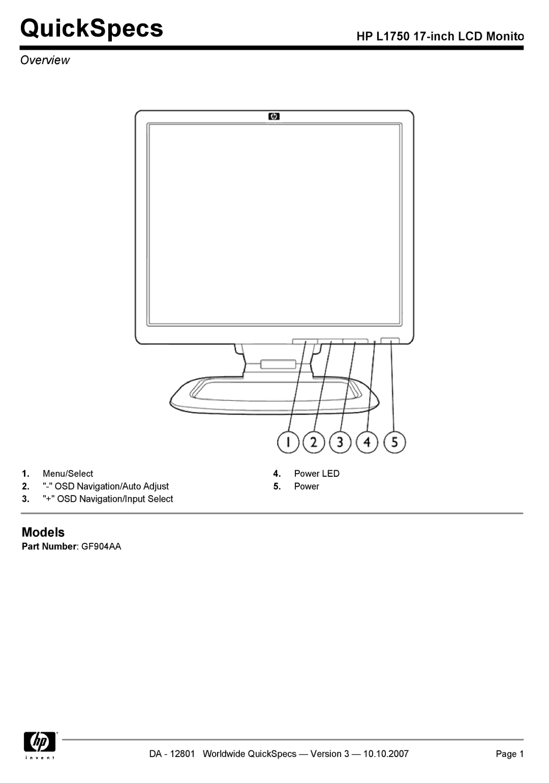 HP manual QuickSpecs, Part Number GF904AA 