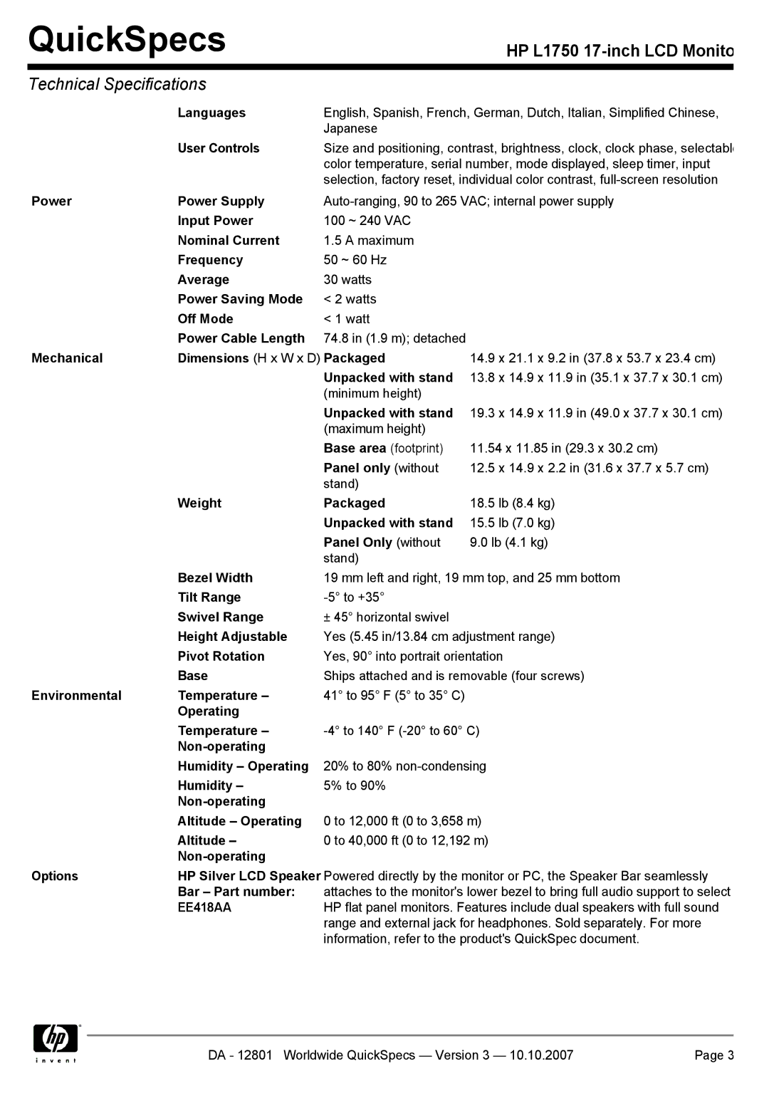 HP GF904AA Languages, User Controls, Power Power Supply, Input Power, Nominal Current, Frequency, Average, Off Mode, Base 