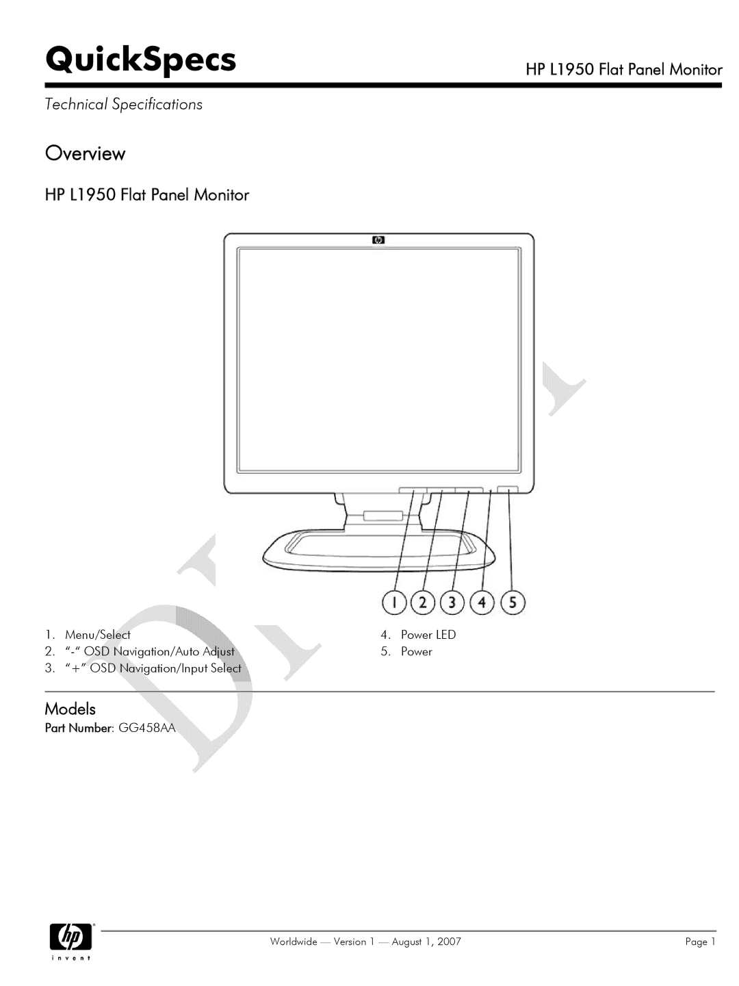 HP manual QuickSpecs, Part Number GG458AA 