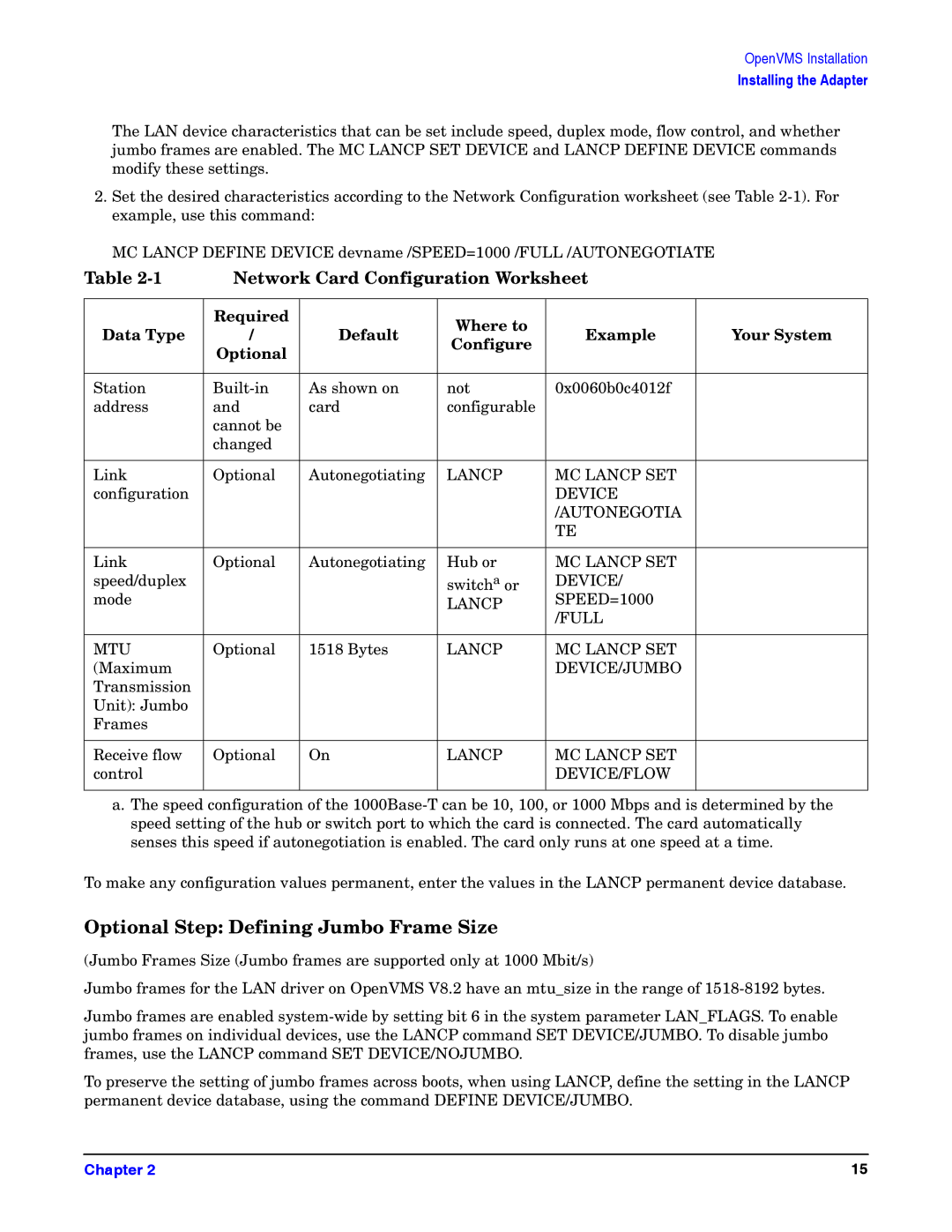 HP Gigabit Ethernet and 100Base-T Cards Optional Step Defining Jumbo Frame Size, Network Card Configuration Worksheet 