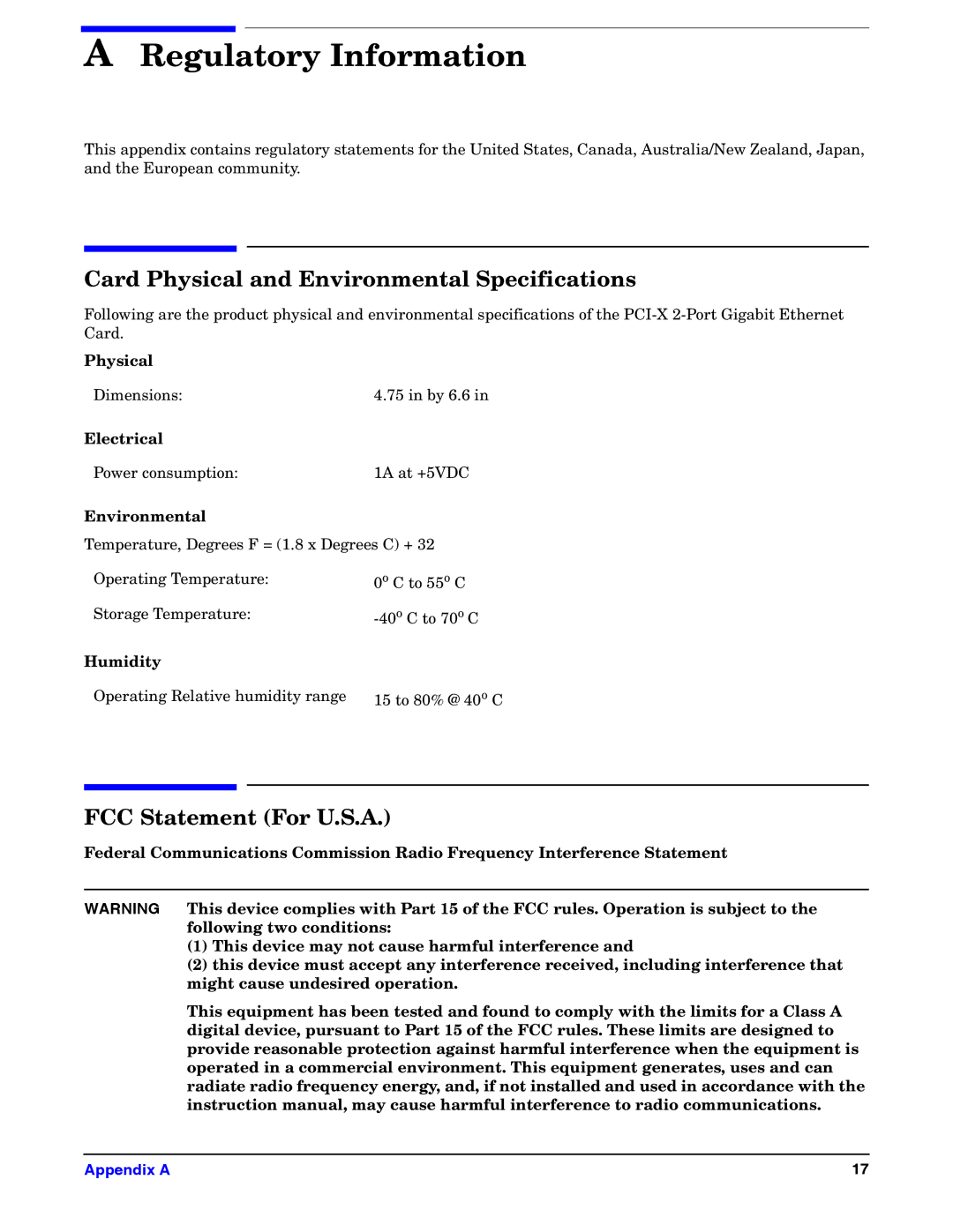 HP Gigabit Ethernet and 100Base-T Cards manual Card Physical and Environmental Specifications, FCC Statement For U.S.A 