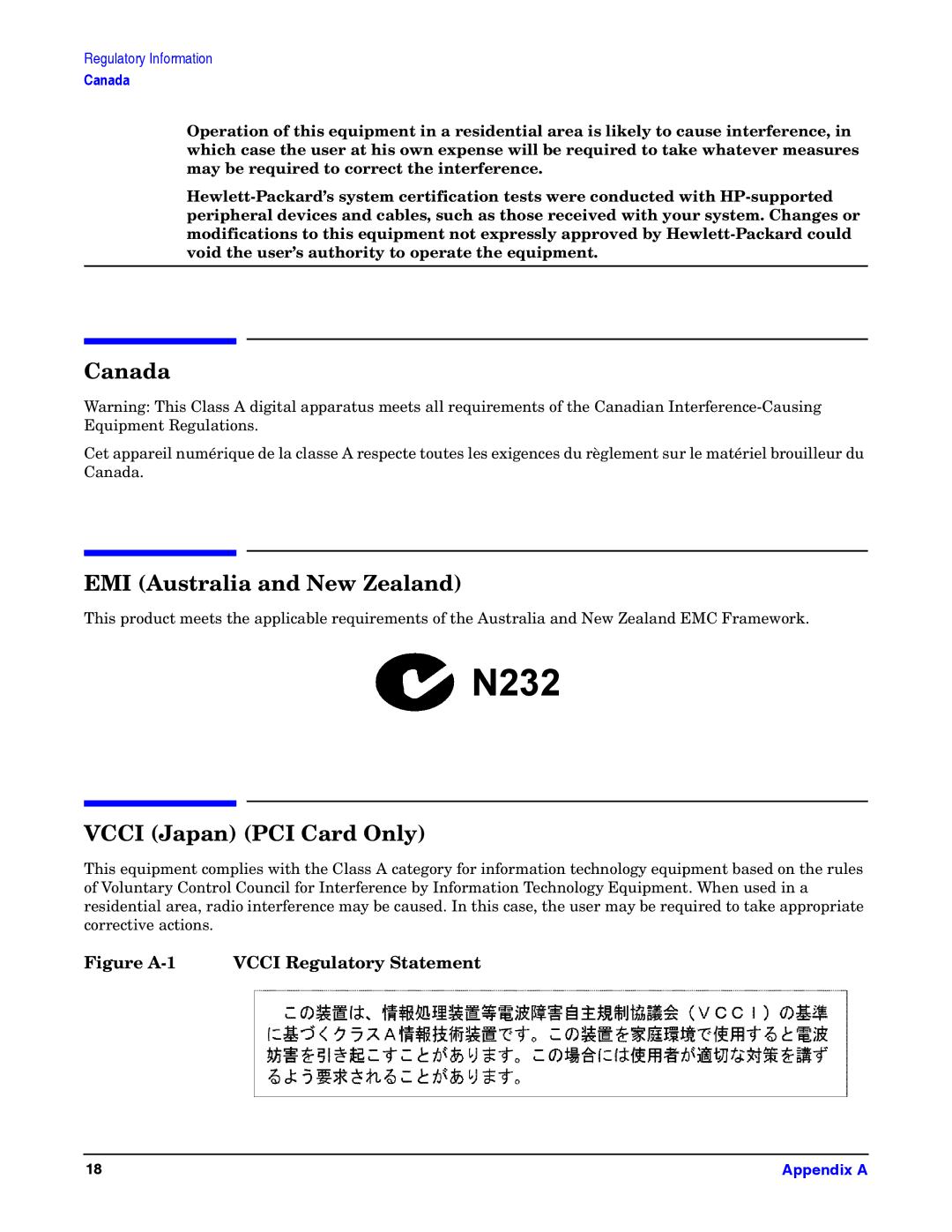 HP Gigabit Ethernet and 100Base-T Cards manual Canada, EMI Australia and New Zealand, Vcci Japan PCI Card Only 