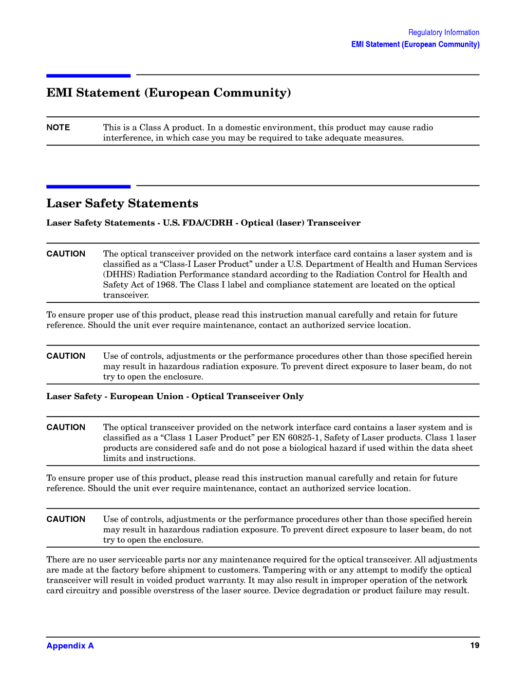 HP Gigabit Ethernet and 100Base-T Cards manual EMI Statement European Community, Laser Safety Statements 