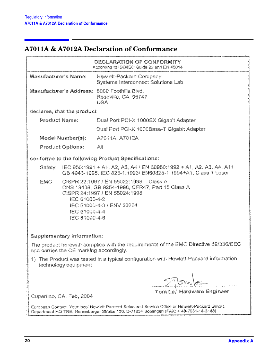 HP Gigabit Ethernet and 100Base-T Cards manual A7011A & A7012A Declaration of Conformance 