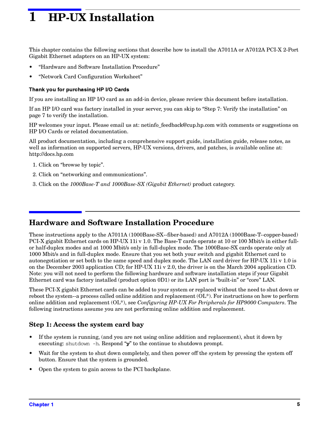 HP Gigabit Ethernet and 100Base-T Cards manual Hardware and Software Installation Procedure, Access the system card bay 