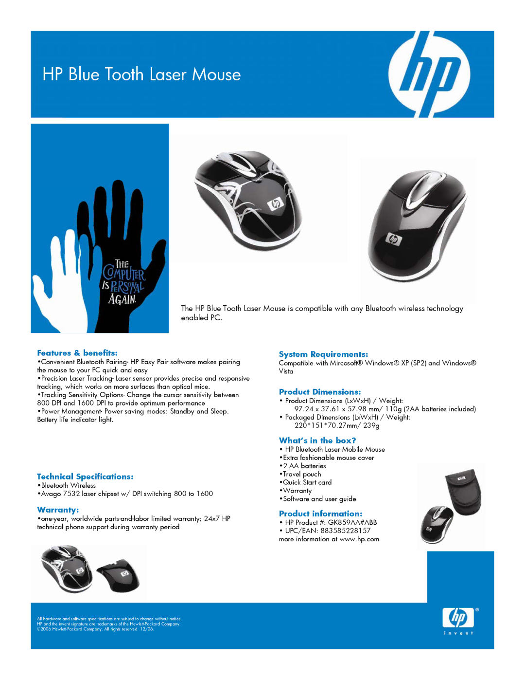 HP GK859AA#ABB manual HP Blue Tooth Laser Mouse 