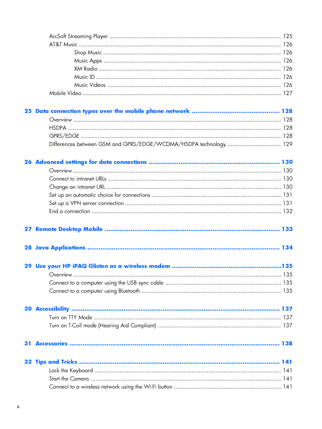 HP Glisten-AT&T manual Data connection types over the mobile phone network 128, Advanced settings for data connections 130 